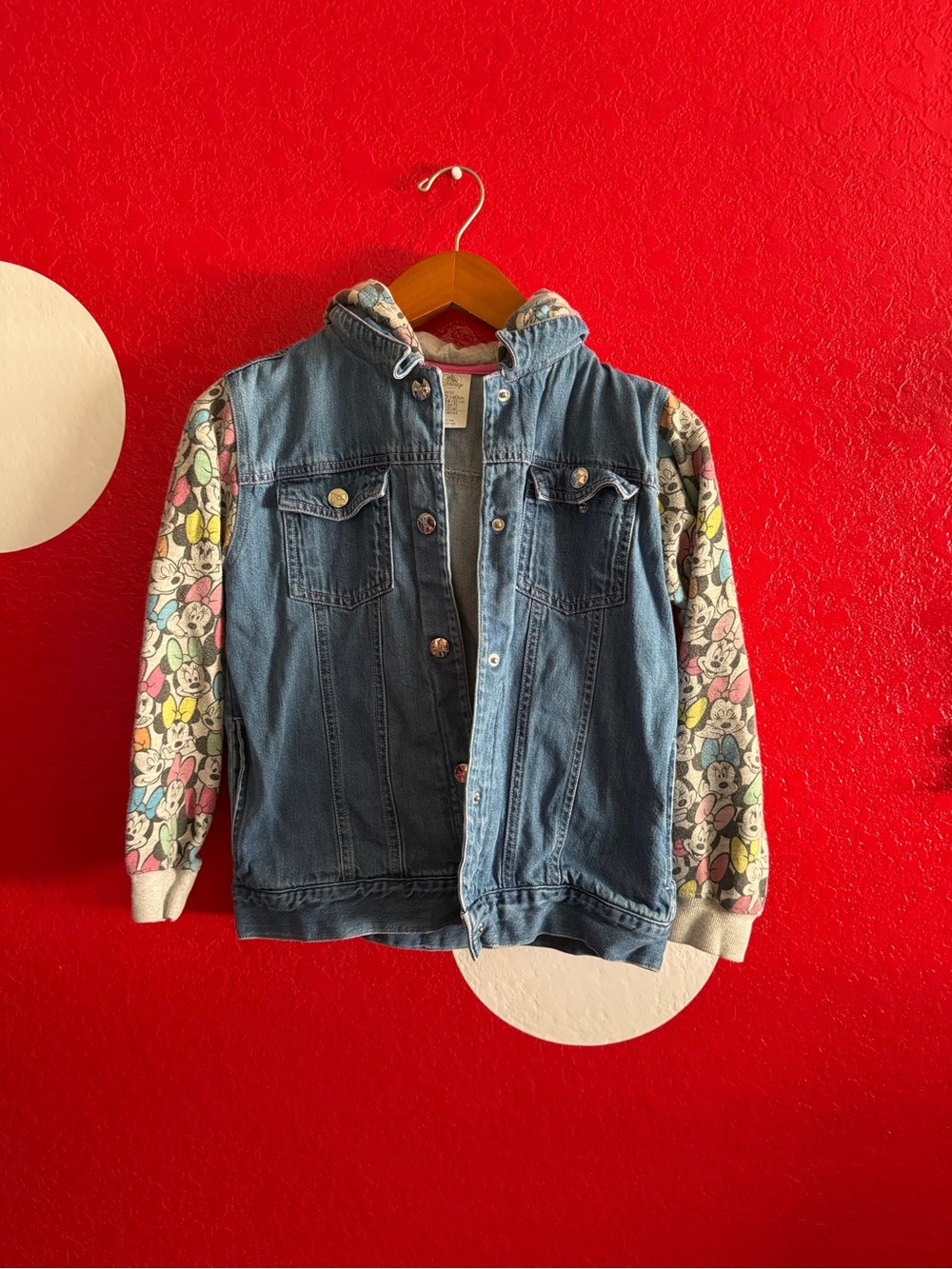 Disney Blue Denim Hooded Jacket with Multicolor Cartoon Sleeves